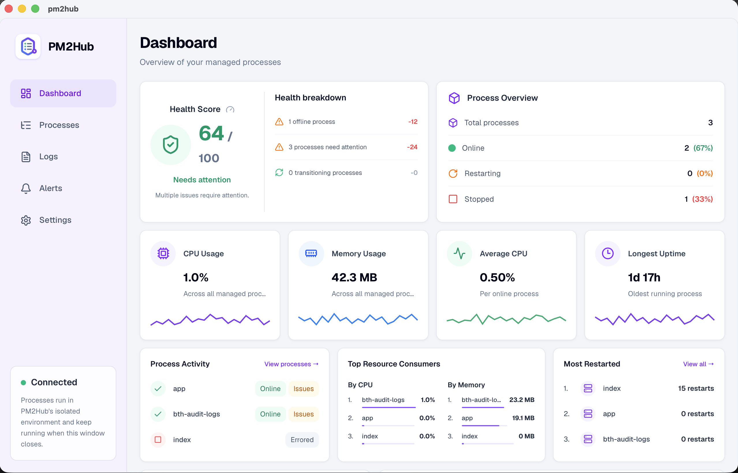 The real PM2Hub Dashboard showing process health, resource metrics, activity, and restarts
