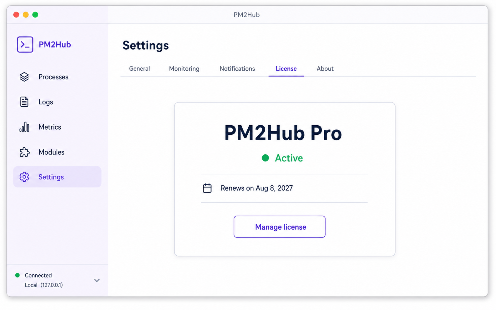 PM2Hub license page showing an active license