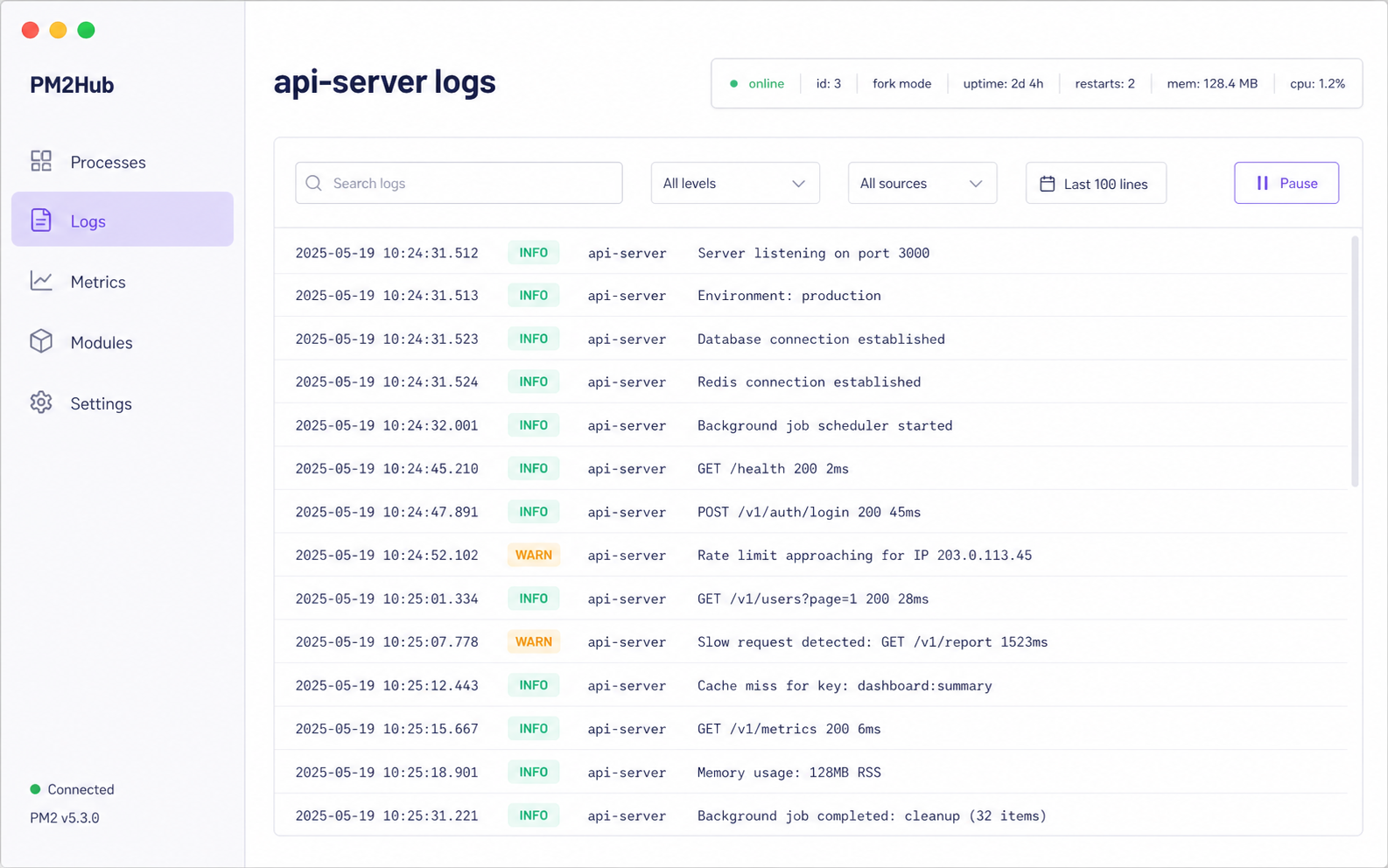 PM2Hub live logs screen